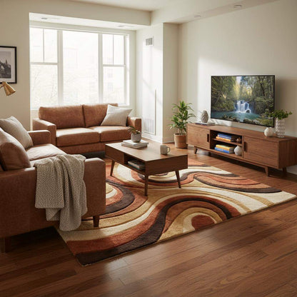 Mid century shag rug with retro abstract swirl design in warm earth tones