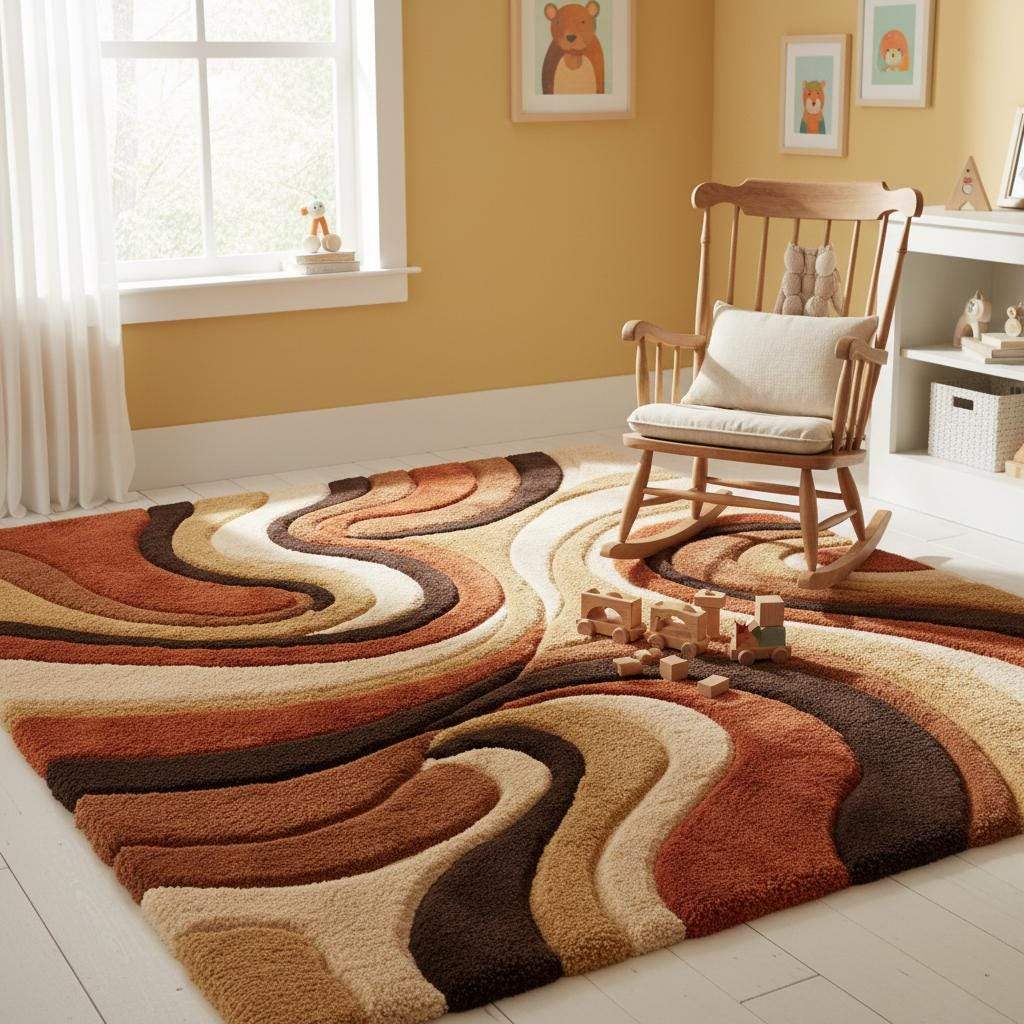 Soft shag rug styled in a nursery space, showing plush texture, warm earth tones, and abstract design that adds comfort, warmth, and a calming retro feel to a family-friendly room.