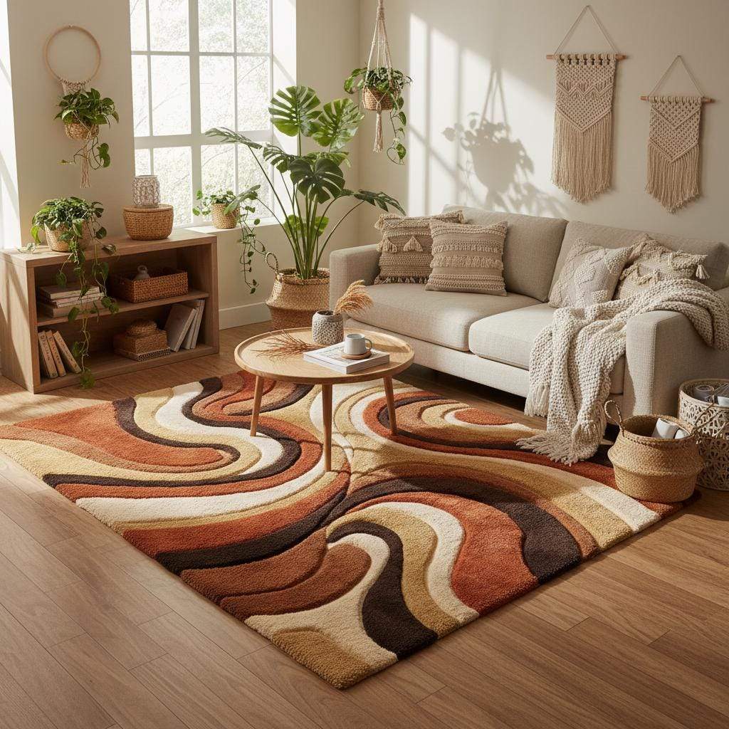 Retro shag area rug styled in a cozy living room, paired with mid century furniture, warm wood tones, and soft lighting to show how the rug anchors the space and adds visual warmth.