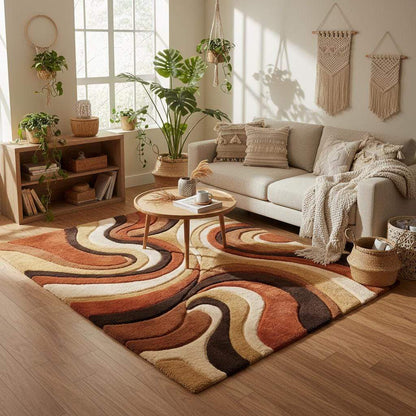 Retro shag area rug styled in a cozy living room, paired with mid century furniture, warm wood tones, and soft lighting to show how the rug anchors the space and adds visual warmth.