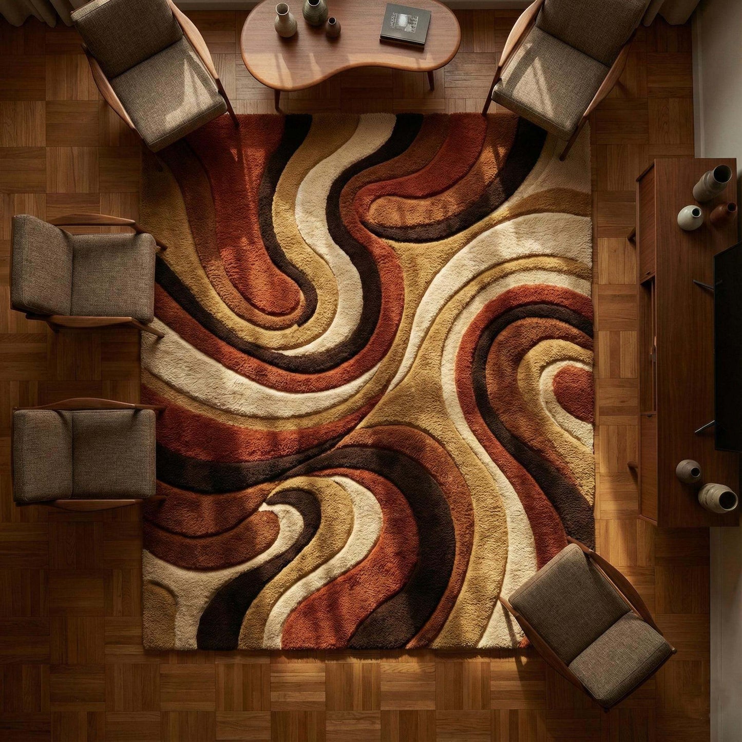 Mid Century Shag Rug with retro abstract swirl design in earth tones, soft high pile, rectangular shape for cozy vintage modern decor