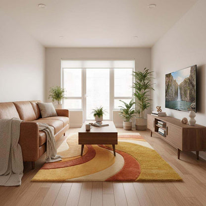 Detail view of rug edge and pattern showing smooth curves, finished borders, and thick tufted pile highlighting quality and modern abstract design.