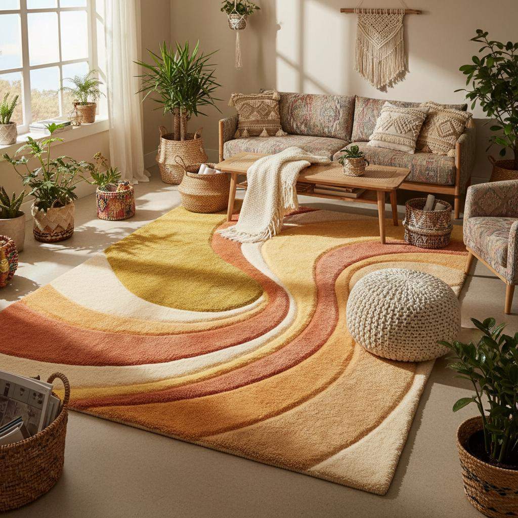 Modern living room styled with an abstract boho rug featuring organic wave patterns, cozy tufted texture, and warm colors that complement minimalist furniture.