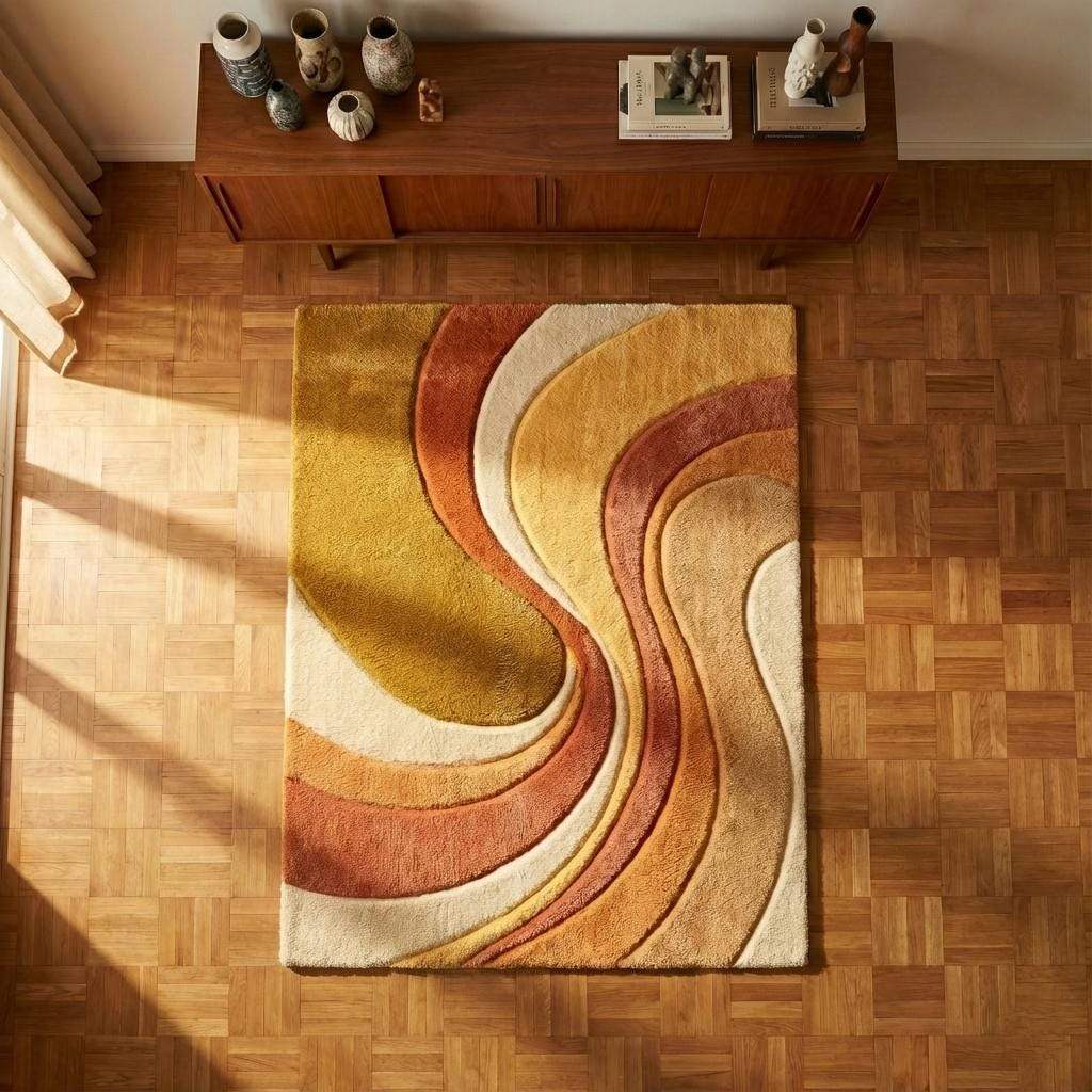 Boho area rug with plush tufted texture and earth tone wave pattern in mid century modern style