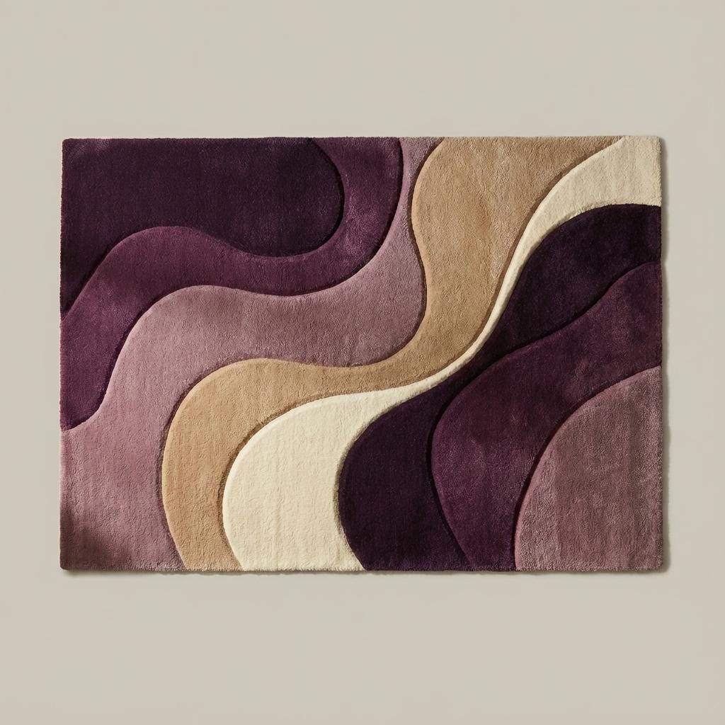Top-down view of modern abstract area rug displaying full wavy pattern layout, curved shapes, and balanced color blocking across the entire rug surface.