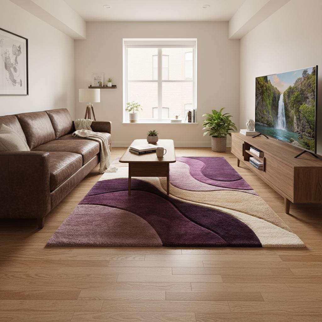 Detailed view of rug edge and pattern showing clean finished borders, curved abstract lines, and soft pile thickness for a premium modern rug appearance.