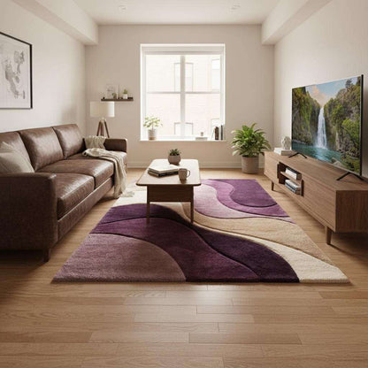 Detailed view of rug edge and pattern showing clean finished borders, curved abstract lines, and soft pile thickness for a premium modern rug appearance.
