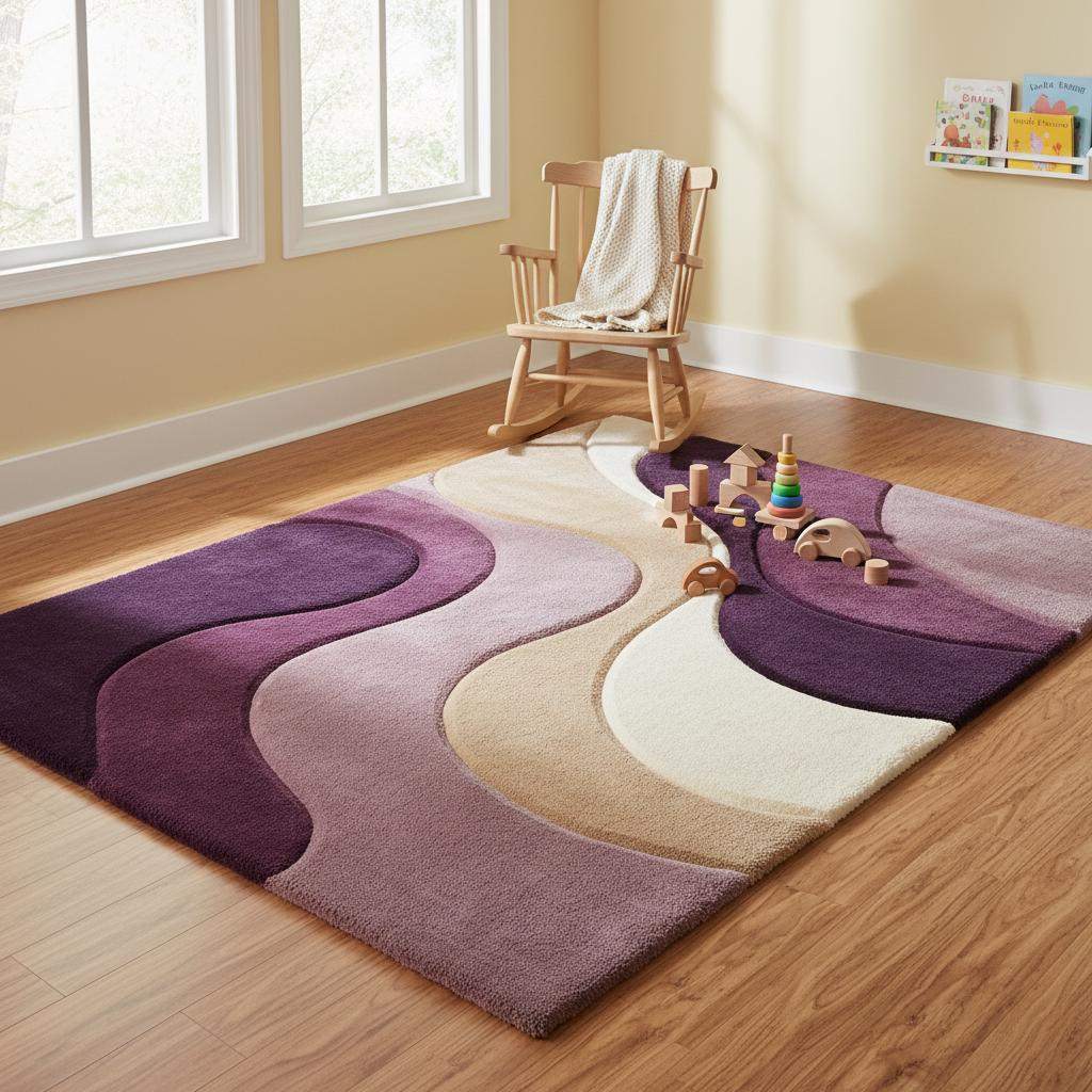Soft abstract area rug styled in a nursery space, emphasizing plush comfort, calming neutral colors, and family-friendly softness suitable for kids’ rooms.