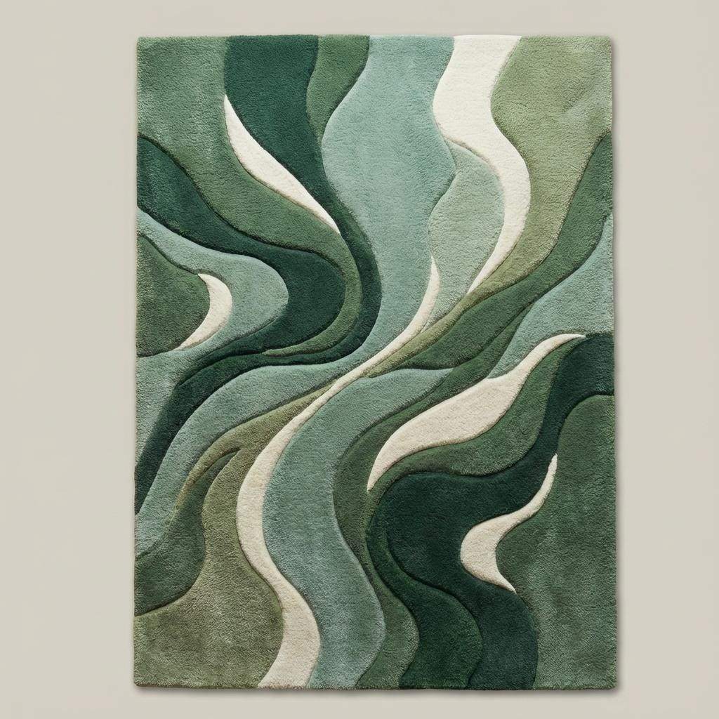 Top-down view of modern green abstract area rug displaying flowing wave design, layered green tones, and soft ivory accents.