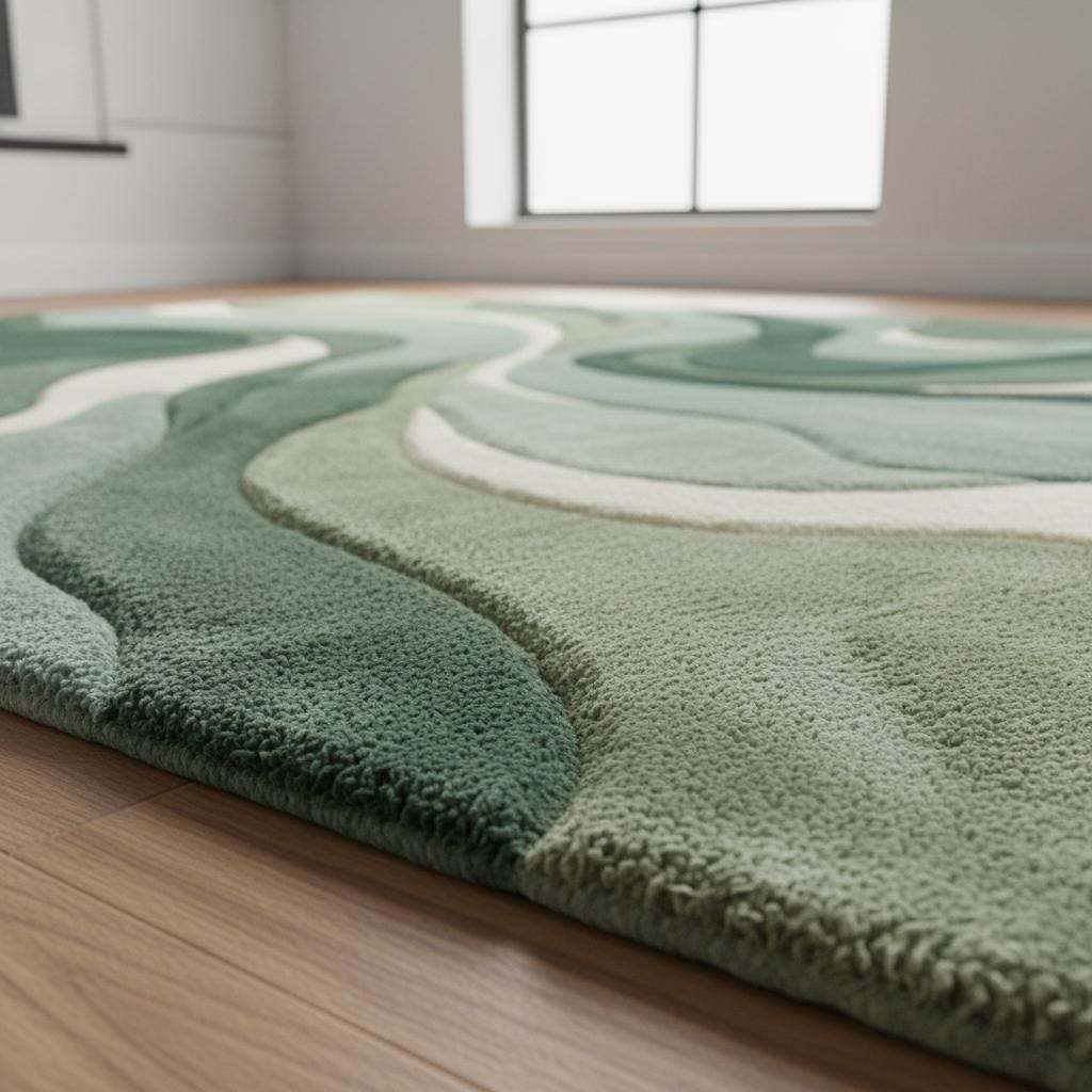 Abstract green area rug with modern sculpted wave pattern and plush tufted texture