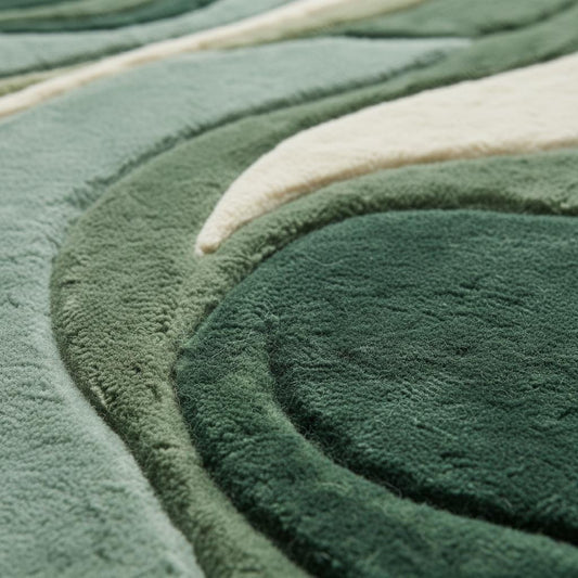 Close-up of sculpted abstract green rug showing plush tufted fibers, high-low texture, and curved organic pattern craftsmanship.