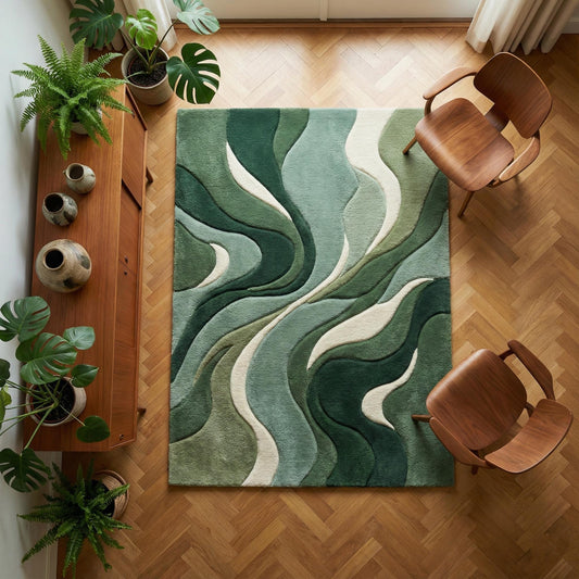 Abstract green area rug with sculpted organic wave pattern and plush tufted pile in sage forest tones for modern minimalist décor