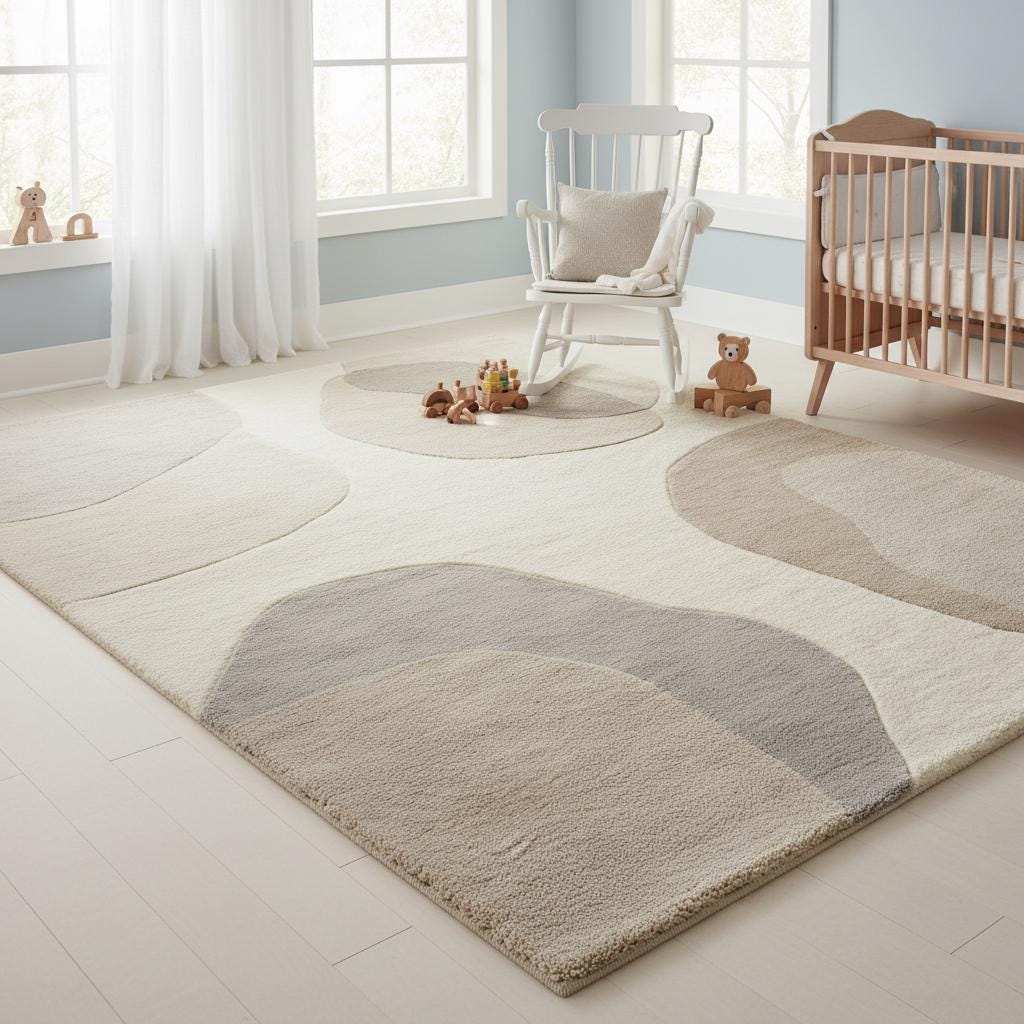 Abstract neutral area rug with organic shape and beige cream tones for modern living room decor