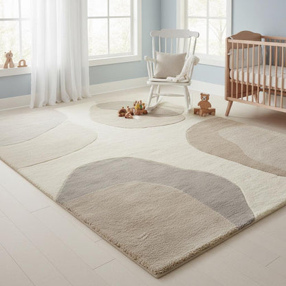 Abstract neutral area rug with organic shape and beige cream tones for modern living room decor
