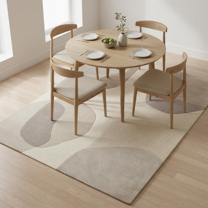 Neutral abstract area rug styled in a nursery space, highlighting its soft texture, calming beige tones, and family-friendly design perfect for a peaceful kids’ room.