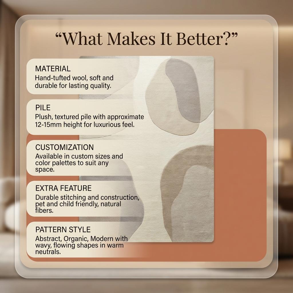 Abstract neutral area rug with beige cream tones and organic shape for modern living room decor