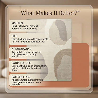 Abstract neutral area rug with beige cream tones and organic shape for modern living room decor