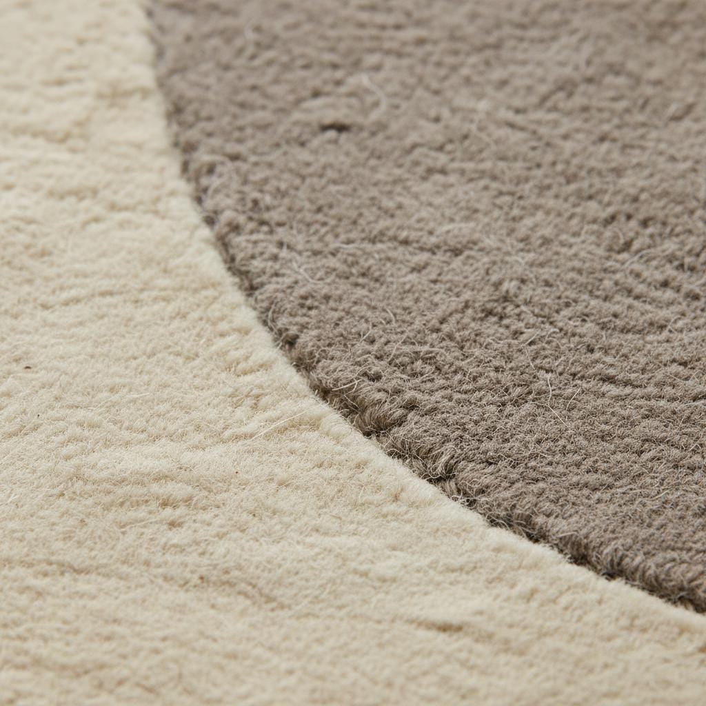 Close-up view of abstract neutral rug texture highlighting soft woven fibers, plush surface, and clean craftsmanship, showing the quality and comfort of the modern minimalist area rug.