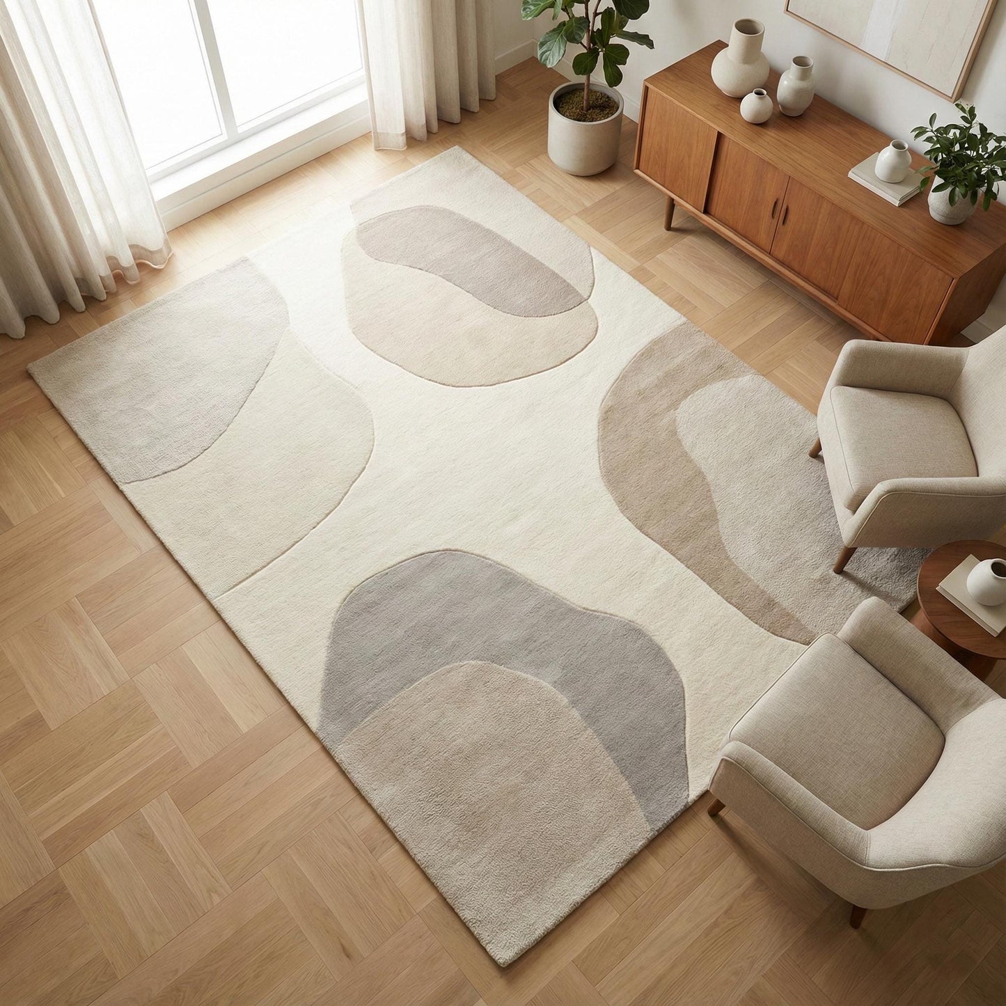 Abstract neutral area rug with beige cream tones and organic shape for modern living room decor