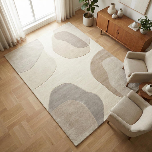 Abstract neutral area rug with beige cream tones and organic shape for modern living room decor
