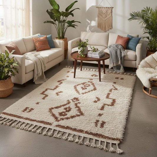 Handwoven Moroccan shag rug with cream and terracotta Berber tribal motifs and tasseled edges