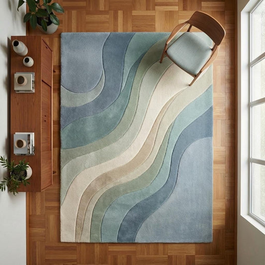 Abstract area rug with modern blue green wave pattern and soft plush texture