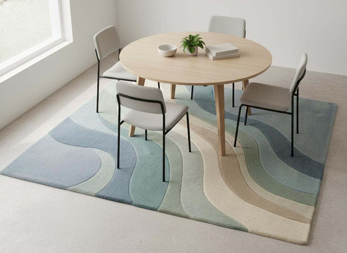 Modern abstract rug with blue and green wave pattern and soft plush texture for living room