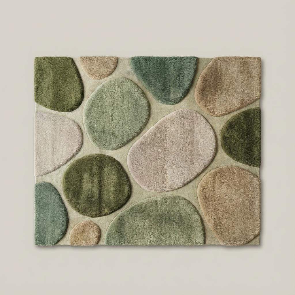 Top-down flat lay of organic modern area rug displaying abstract pebble pattern, curved shapes, and harmonious green and neutral color palette.