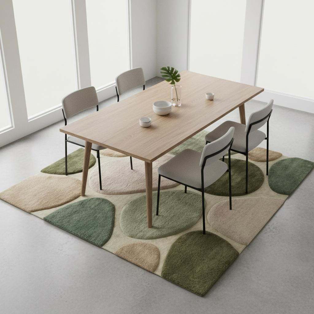 Organic modern area rug with green neutral pebble pattern and plush cushioned pile for cozy Japandi decor