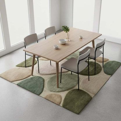 Organic modern area rug with green neutral pebble pattern and plush cushioned pile for cozy Japandi decor