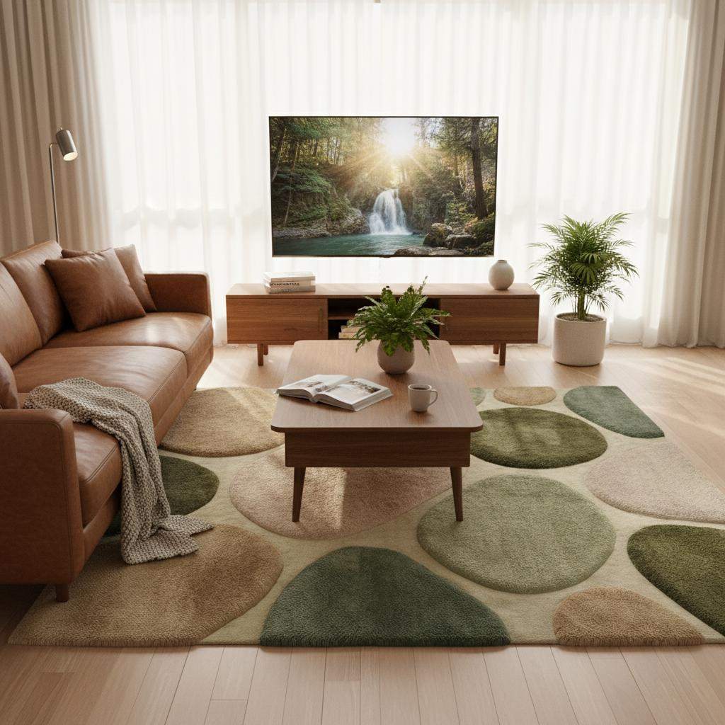 Green neutral organic modern area rug with plush cushioned pile and pebble pattern design