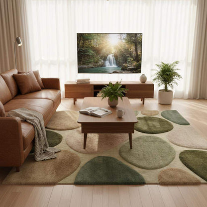 Green neutral organic modern area rug with plush cushioned pile and pebble pattern design
