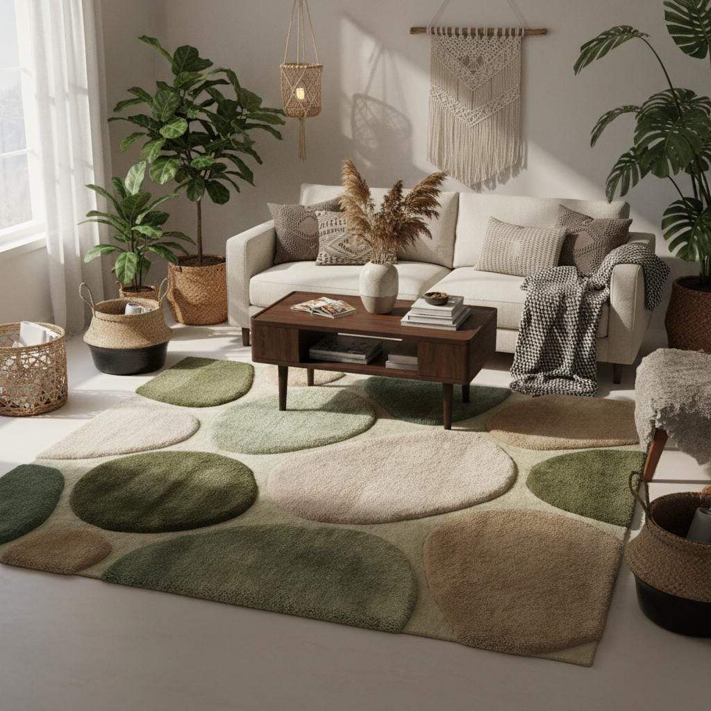 Modern living room styled with a green neutral area rug featuring an organic pebble design, creating a warm, minimalist, nature-inspired interior.