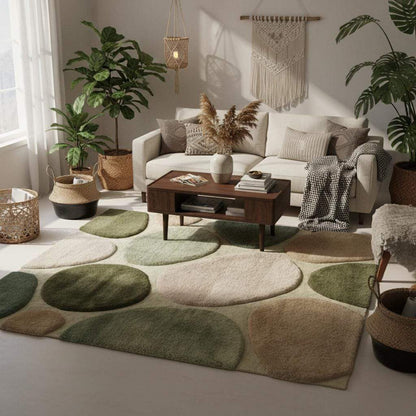 Modern living room styled with a green neutral area rug featuring an organic pebble design, creating a warm, minimalist, nature-inspired interior.