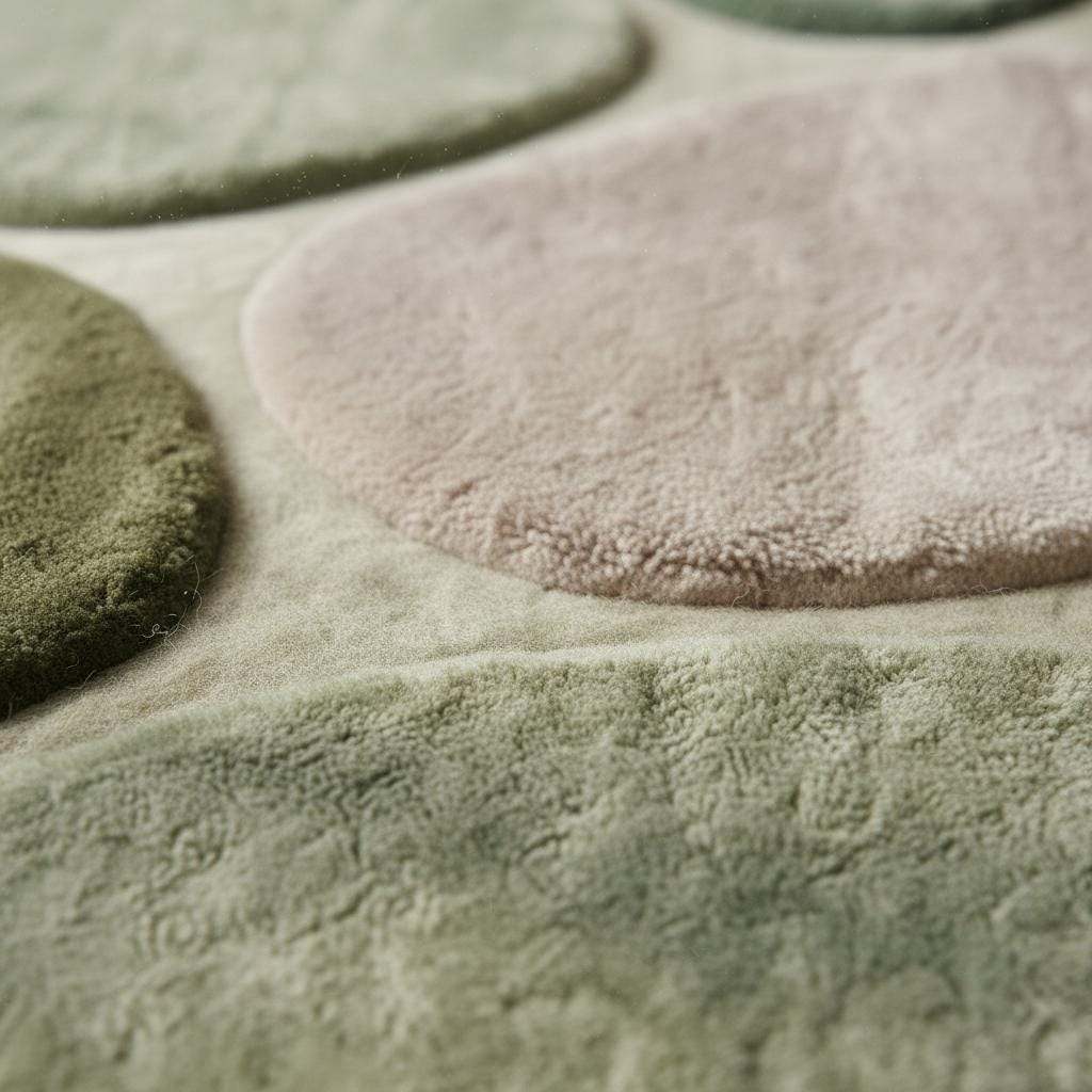 Organic modern area rug in green neutral tones with plush cushioned pile and sculpted pebble pattern for cozy Japandi home decor