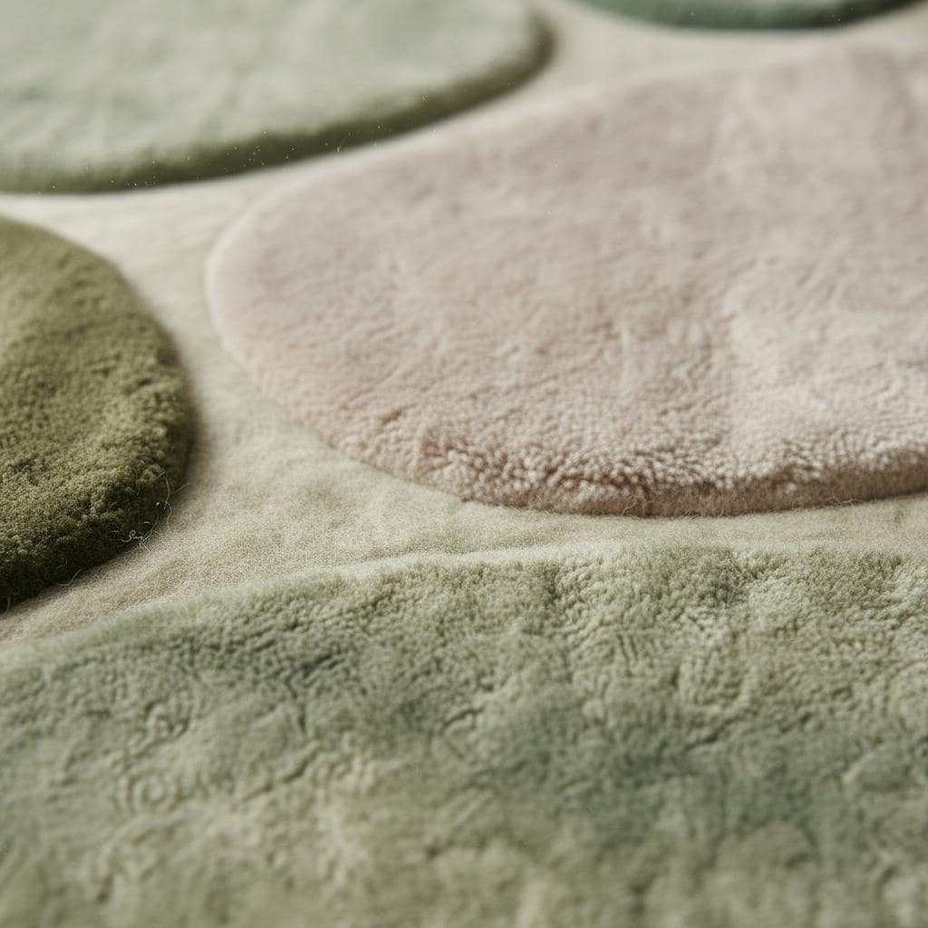 Organic modern area rug with sculpted pebble pattern and green neutral tones for nursery and living room decor