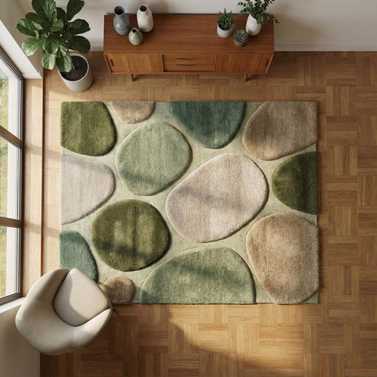 Organic modern area rug with sculpted pebble pattern, green neutral tones, and plush low pile for nursery and living room comfort.