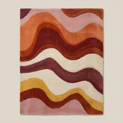 Colorful abstract wave rug with groovy curved lines adding a retro feel to a cozy sunlit living room décor.