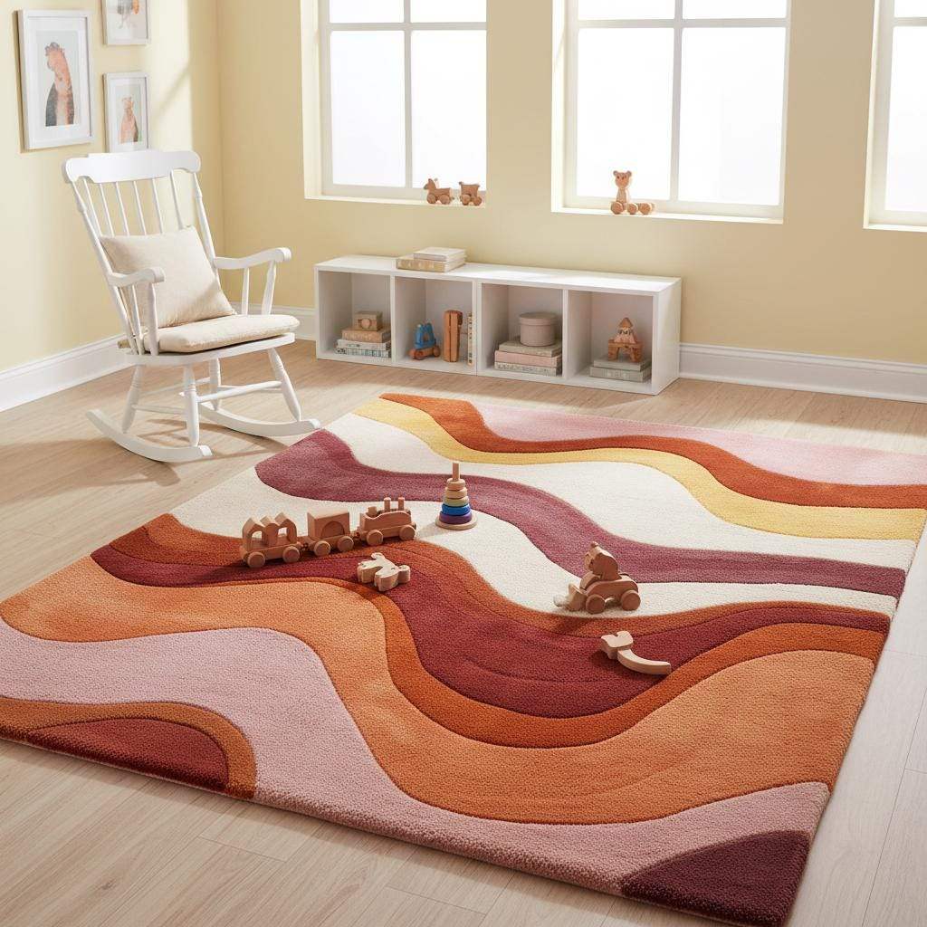 Statement retro wavy rug adding bold color and texture to a boho-inspired living space with natural light.