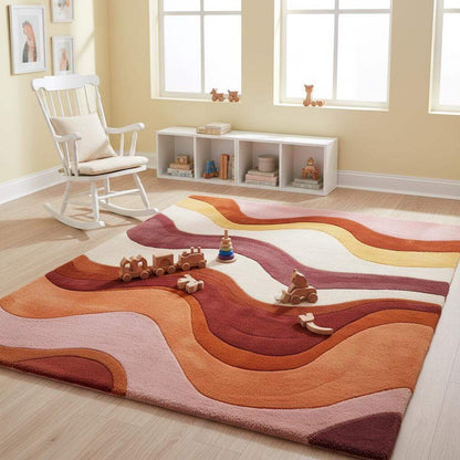 Statement retro wavy rug adding bold color and texture to a boho-inspired living space with natural light.