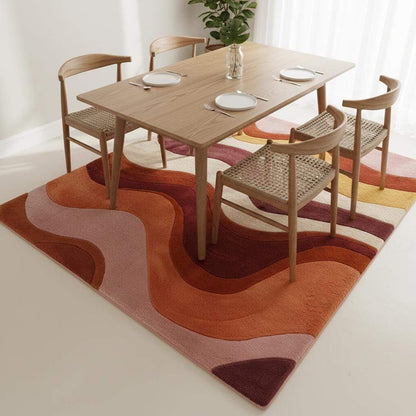 Retro wavy area rug with colorful 70s wave pattern and soft tufted wool texture