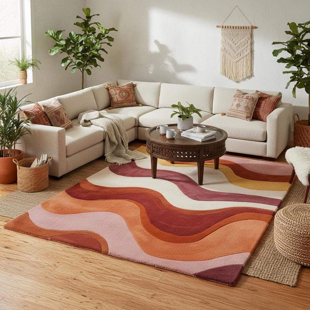 Tufted wool area rug featuring bright orange and pink wavy patterns styled in a vintage-inspired home interior.