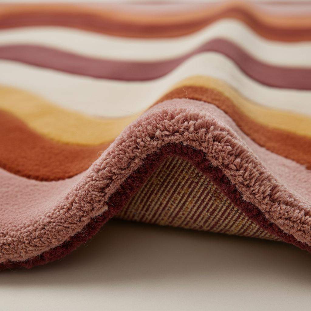 Retro wavy area rug with vibrant 70s tufted wool and colorful abstract wave pattern in warm orange and pink tones