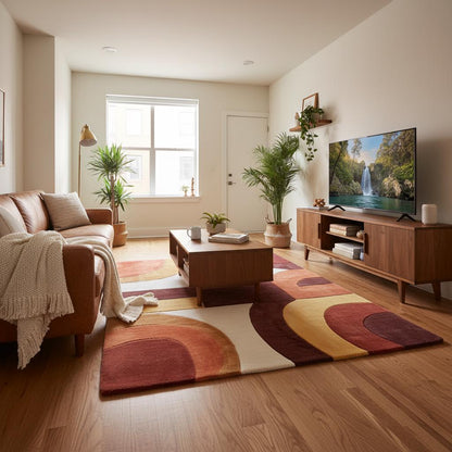 Modern art deco style rug with bold geometric pattern enhancing a cozy seating arrangement in a warm-toned living space.