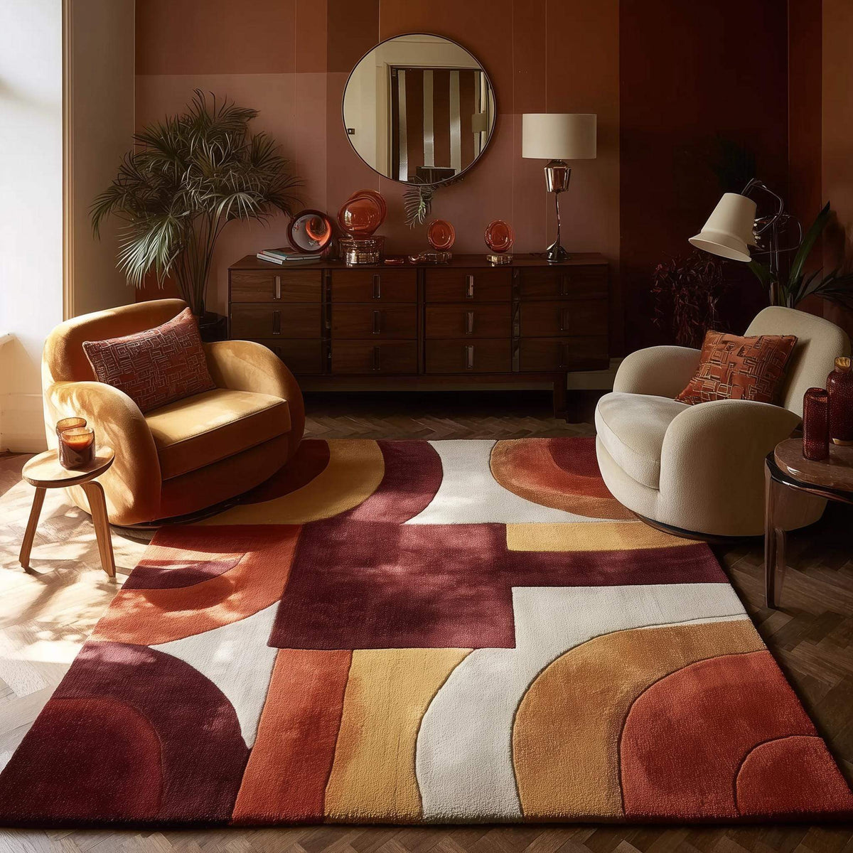 Mid century modern rug with geometric terracotta and mustard tones for cozy retro décor