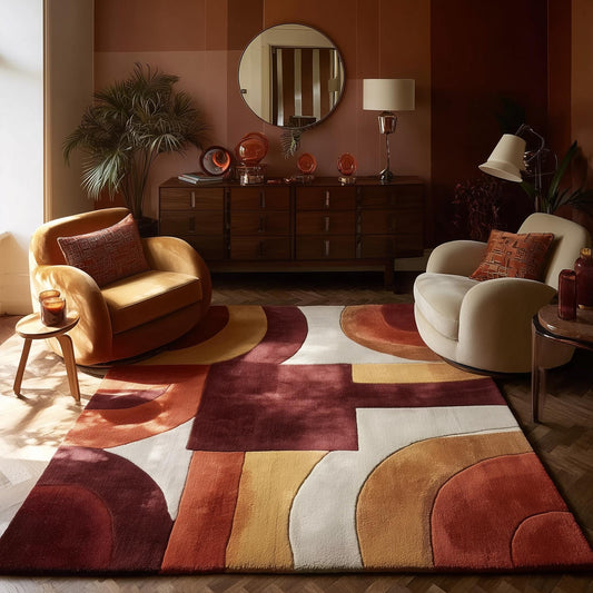 Mid century modern rug with geometric terracotta and mustard tones in a cozy living room setting