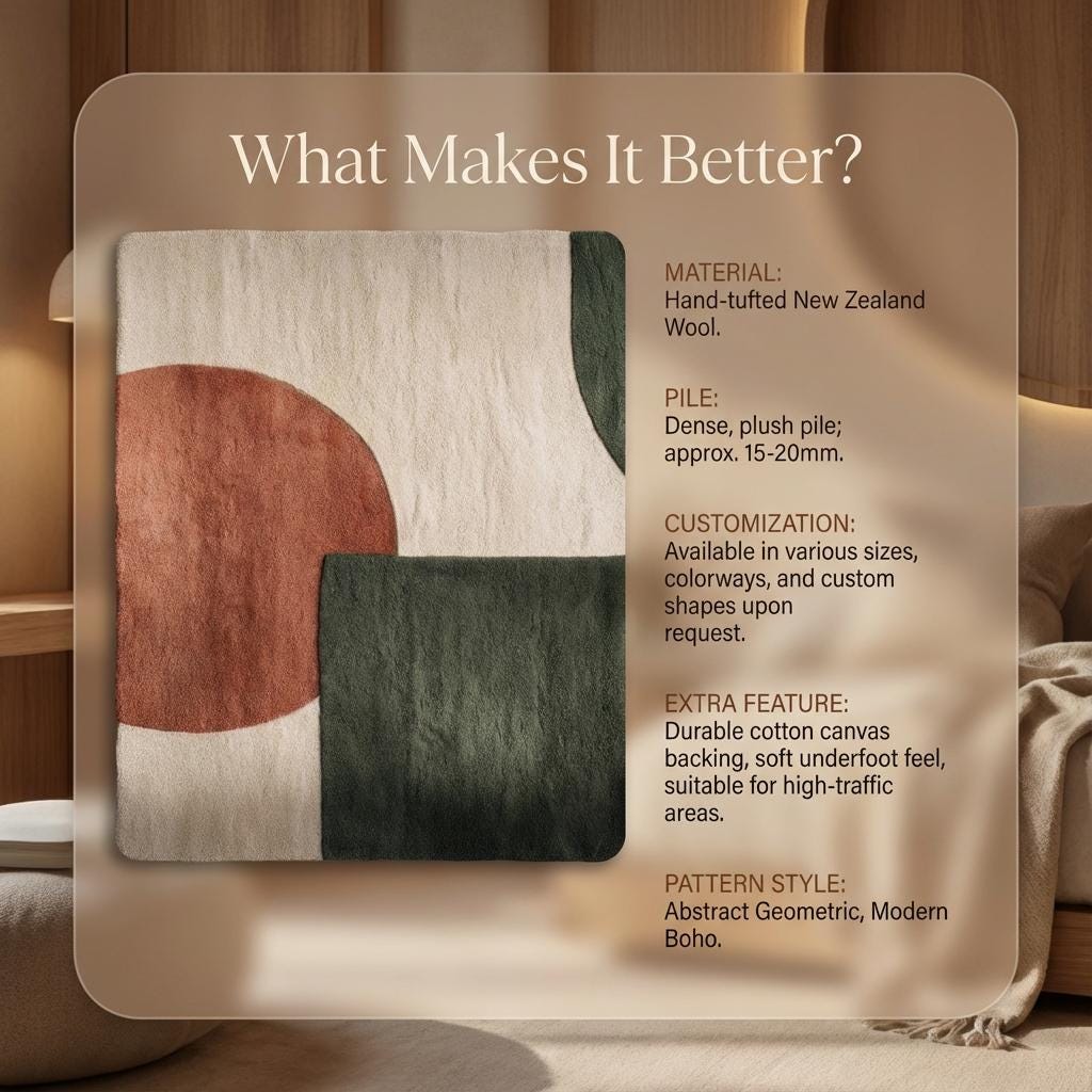 Modern geometric rug in terracotta, green, and cream tones with soft tufted wool texture for modern and boho interiors