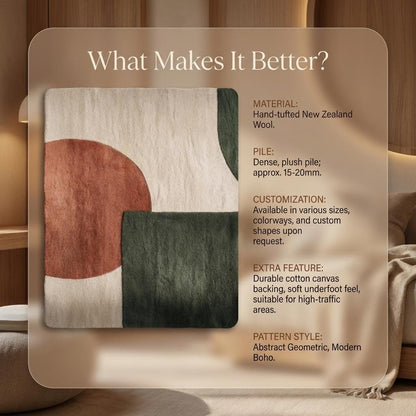 Modern geometric rug in terracotta, green, and cream tones with soft tufted wool texture for modern and boho interiors