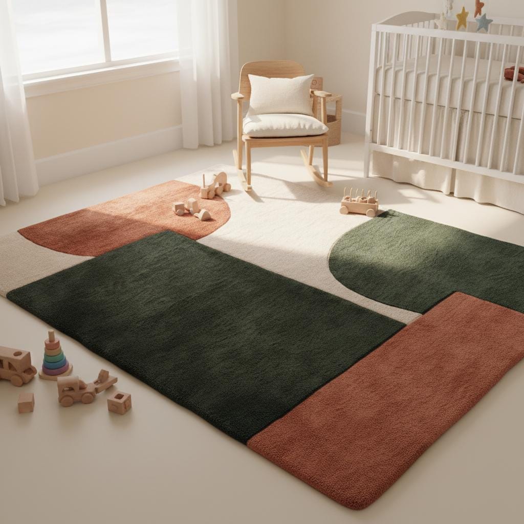Soft tufted abstract rug with mid-century inspired shapes in terracotta and deep green beneath a neutral sofa.