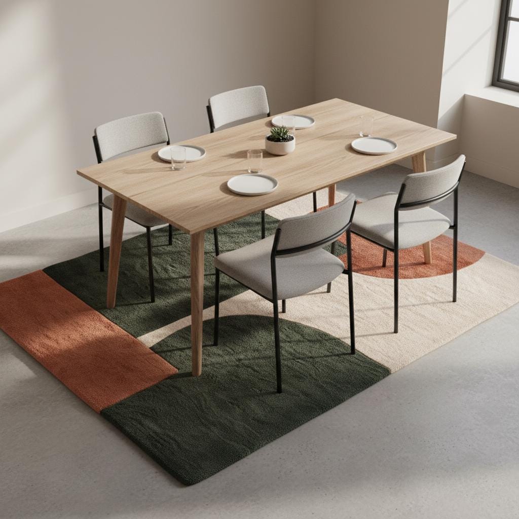 Modern geometric wool rug with earthy terracotta, green, and cream tones, soft tufted texture, and durable fade-resistant design.